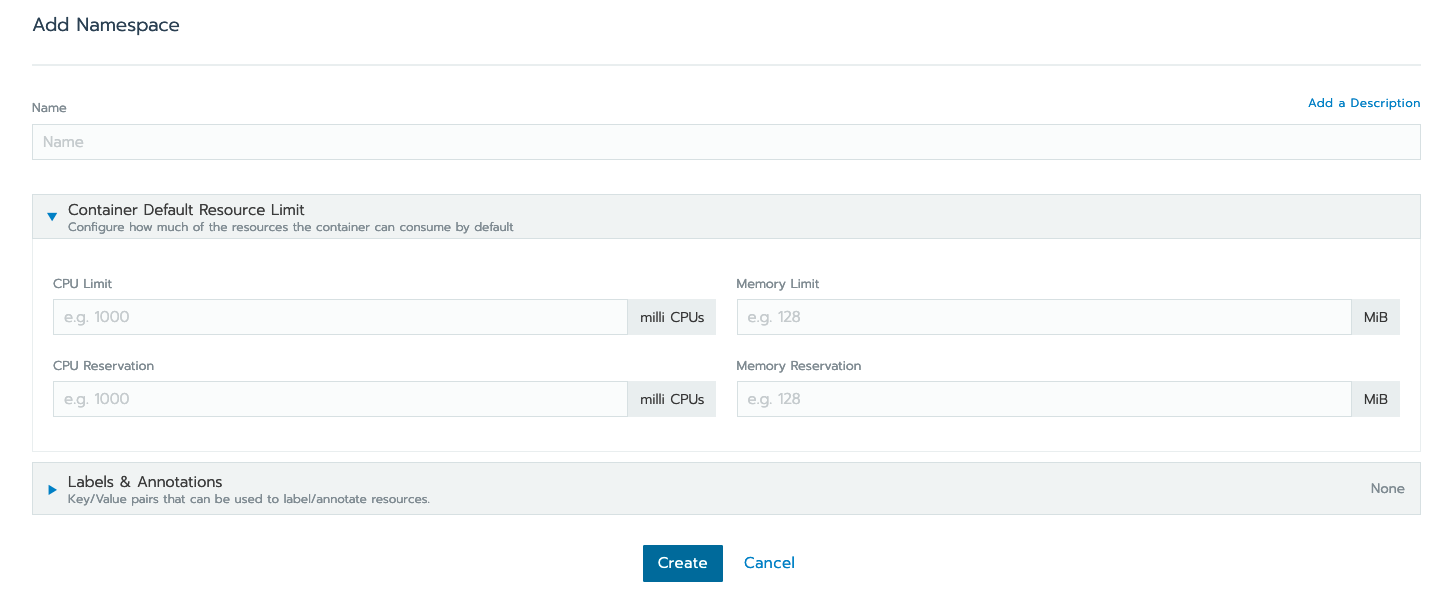 Fields required to add a namespace to the Harbor registry.